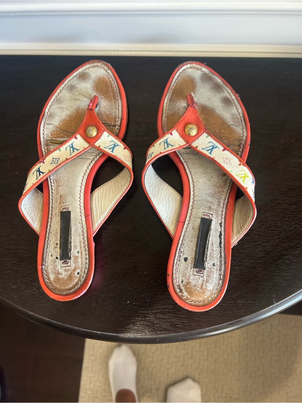 Louis Vuitton Coral Trim Multicolor Monogram Thong Sandals